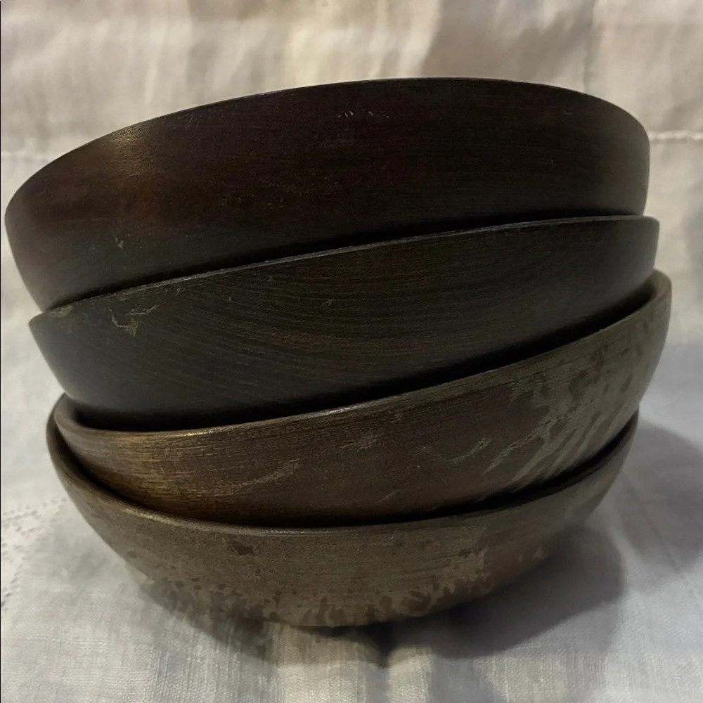 Brown Wooden Bowls Set/4 Brown Grain Bowls W/ Vintage Wear and Use From 70’s